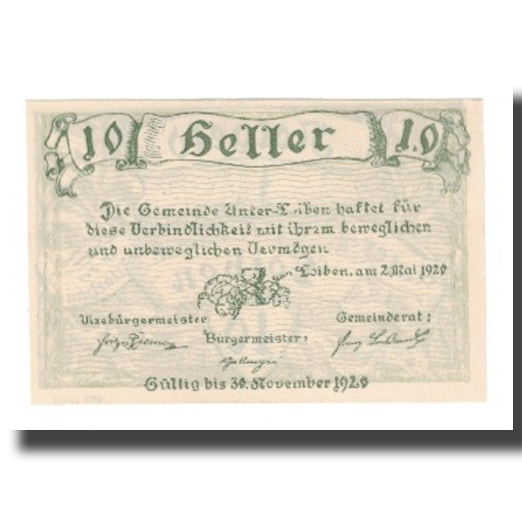 Banknot, Austria, Unter-Loiben N.Ö. Gemeinde, 10 Heller, Texte, 1920