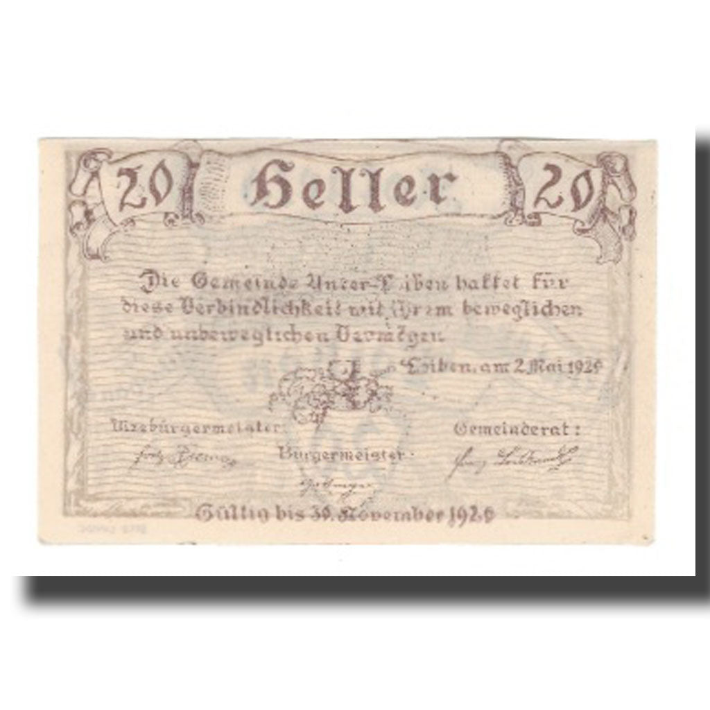 Banconote, Austria, Unter-Loiben N.Ö. Gemeinde, 20 Heller, texte 1, 1920
