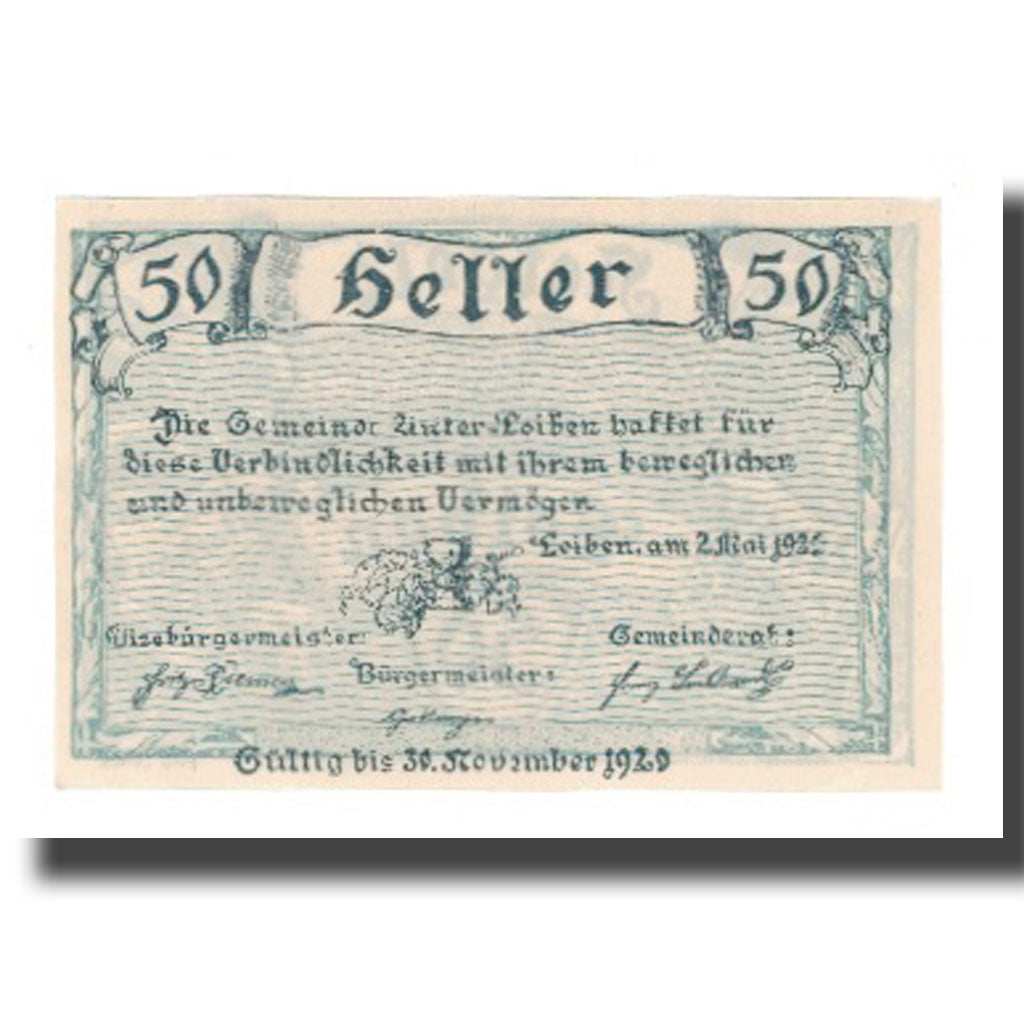Banconote, Austria, Unter-Loiben N.Ö. Gemeinde, 50 Heller, Texte 2, 1920