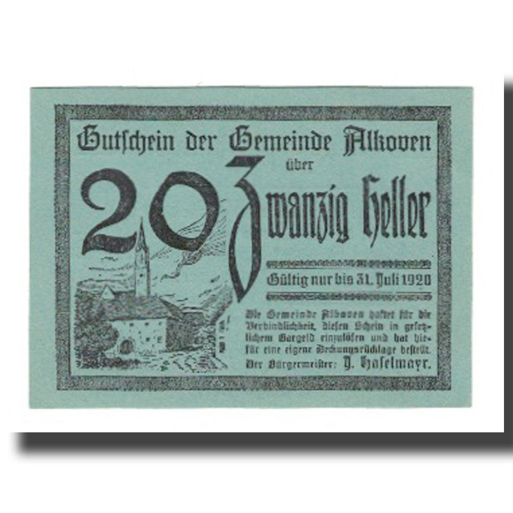 Banknot, Austria, Alkoven O.Ö. Gemeinde, 20 Heller, Texte, 1920, 1920-07-30