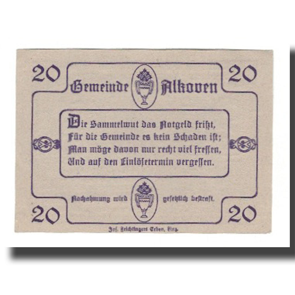 Banconote, Austria, Alkoven O.Ö. Gemeinde, 20 Heller, texte 1, 1920