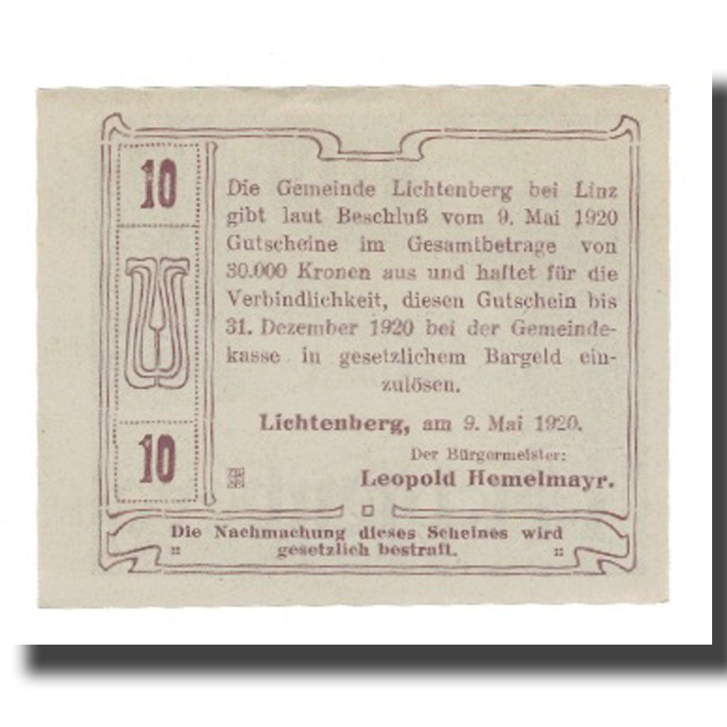 Banknot, Austria, Lichtenberg O.Ö. Gemeinde, 10 Heller, Texte, 1920