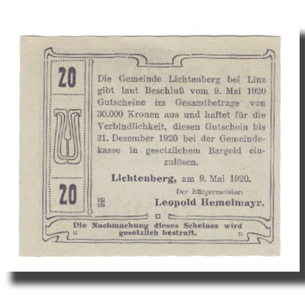 Banknot, Austria, Lichtenberg O.Ö. Gemeinde, 20 Heller, texte 1, 1920