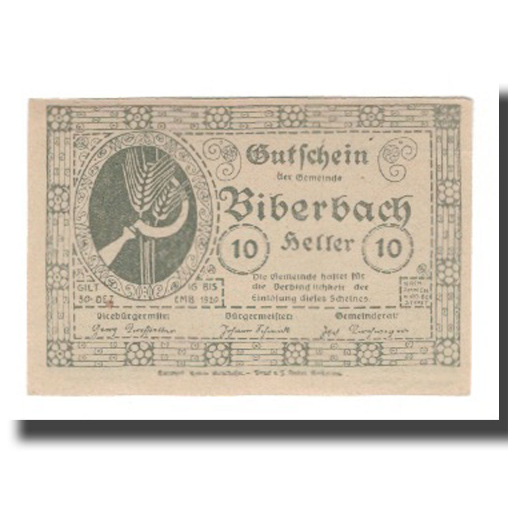 Banconote, Austria, Biberbach N.Ö. Gemeinde, 10 Heller, village, 1920