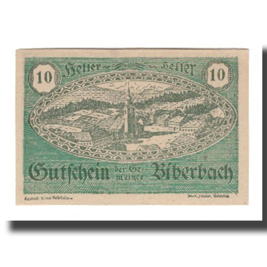 Banconote, Austria, Biberbach N.Ö. Gemeinde, 10 Heller, village, 1920