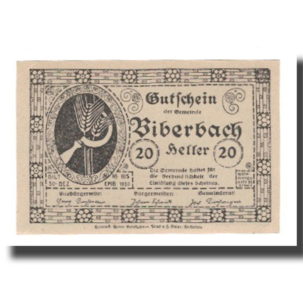 Banknot, Austria, Biberbach N.Ö. Gemeinde, 20 Heller, village 1, 1920