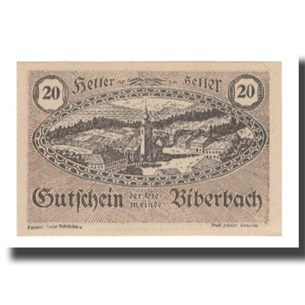 Banknot, Austria, Biberbach N.Ö. Gemeinde, 20 Heller, village 1, 1920