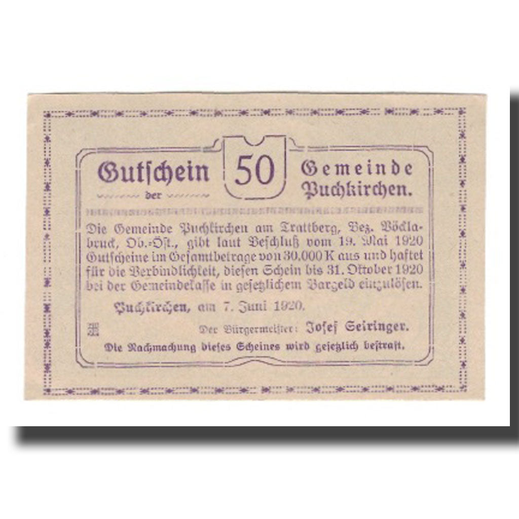 Banknot, Austria, Puchkirchen am Trattberg O.Ö. Gemeinde, 50 Heller, Texte