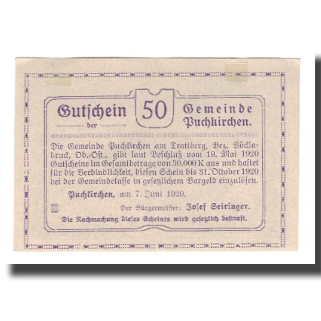 Banknot, Austria, Puchkirchen am Trattberg O.Ö. Gemeinde, 50 Heller, texte 1