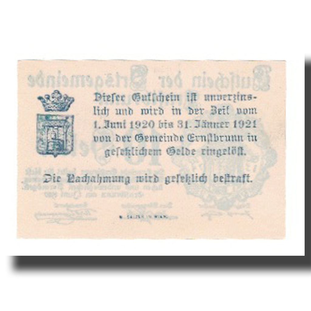 Banknot, Austria, Ernstbrunn N.Ö. Ortsgemeinde, 10 Heller, Texte, 1921