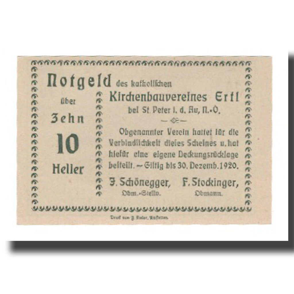 Banknot, Austria, Ertl N.Ö. Prv. Katholischer Kirchenbauverein Ertl, 10 Heller