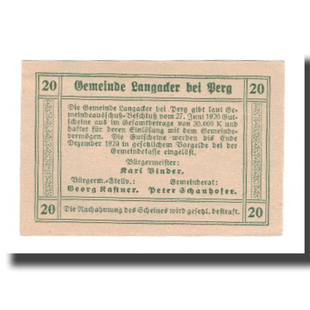 Banknot, Austria, Langacker bei Perg O.Ö. Gemeinde, 20 Heller, Texte, 1920