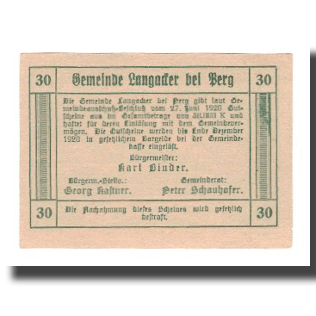 Banknot, Austria, Langacker bei Perg O.Ö. Gemeinde, 30 Heller, texte 1, 1920