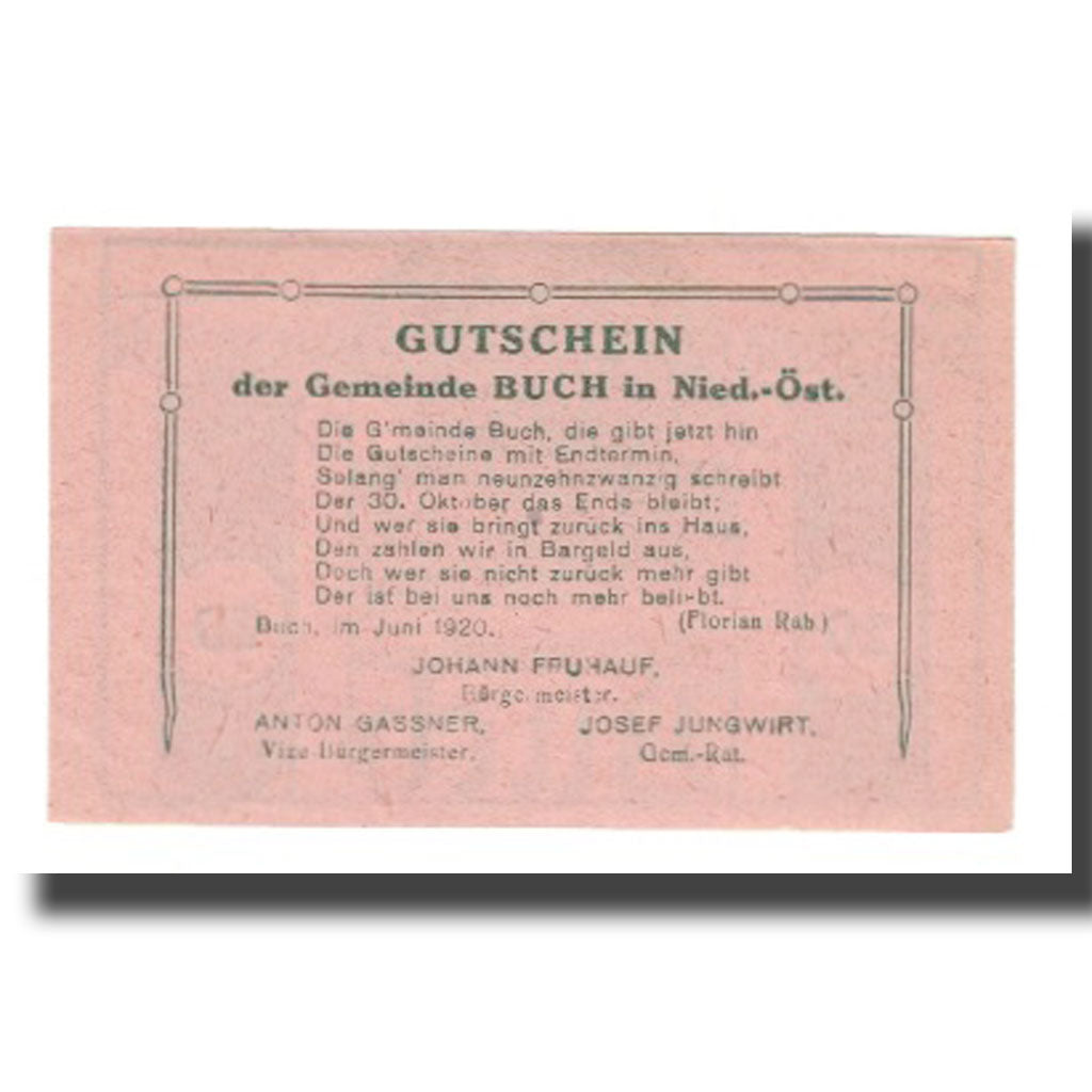 Banconote, Austria, Buch N.Ö. Gemeinde, 20 Heller, Texte, 1920, 1920-10-30