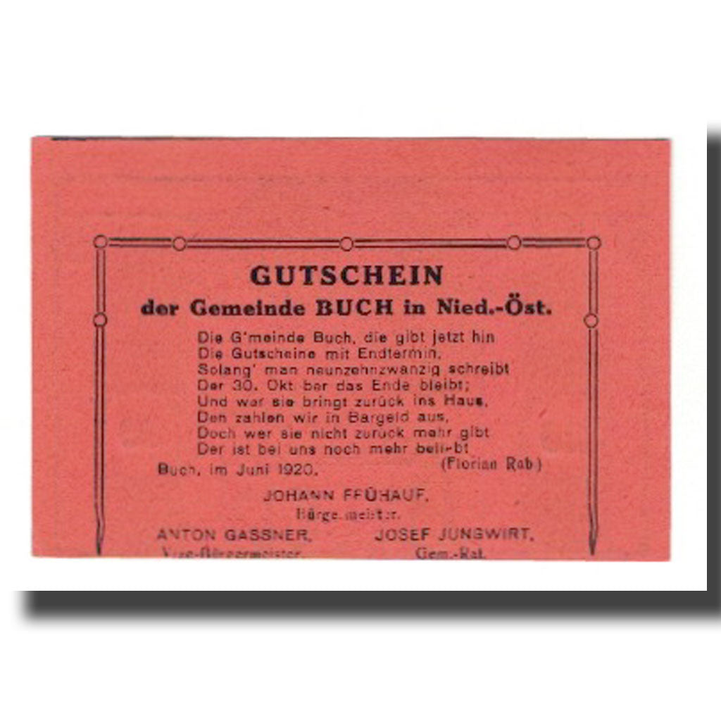 Banknot, Austria, Buch N.Ö. Gemeinde, 20 Heller, texte 1, 1920, 1920-10-30