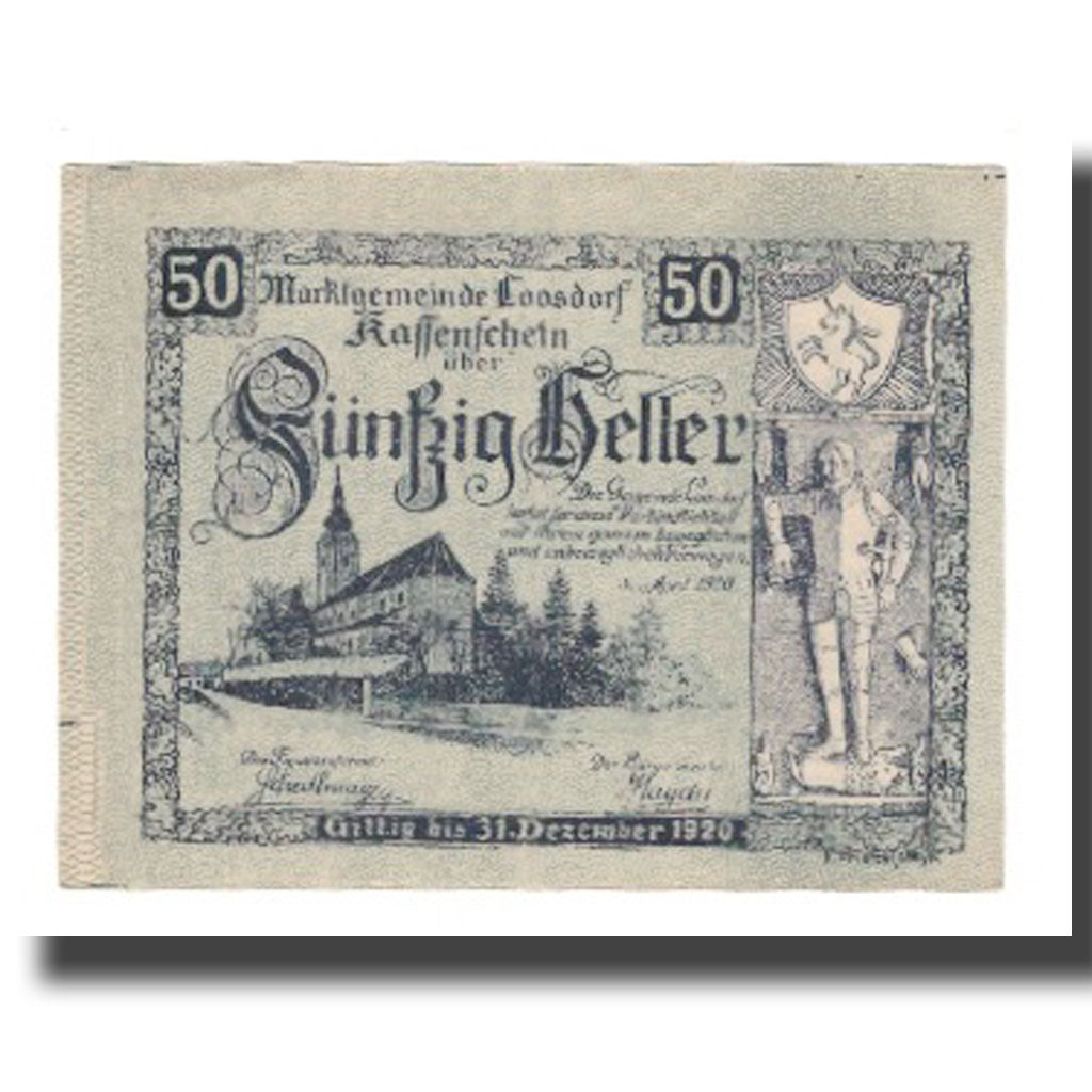 Banconote, Austria, Loosdorf N.Ö. Marktgemeinde, 50 Heller, Texte, 1920