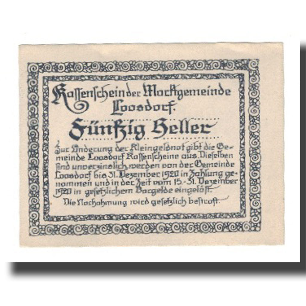 Banconote, Austria, Loosdorf N.Ö. Marktgemeinde, 50 Heller, Texte, 1920