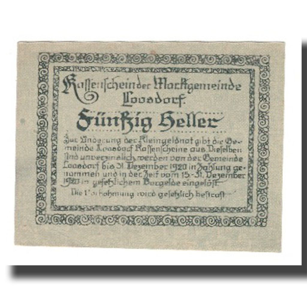 Banconote, Austria, Loosdorf N.Ö. Marktgemeinde, 50 Heller, texte 1, 1920