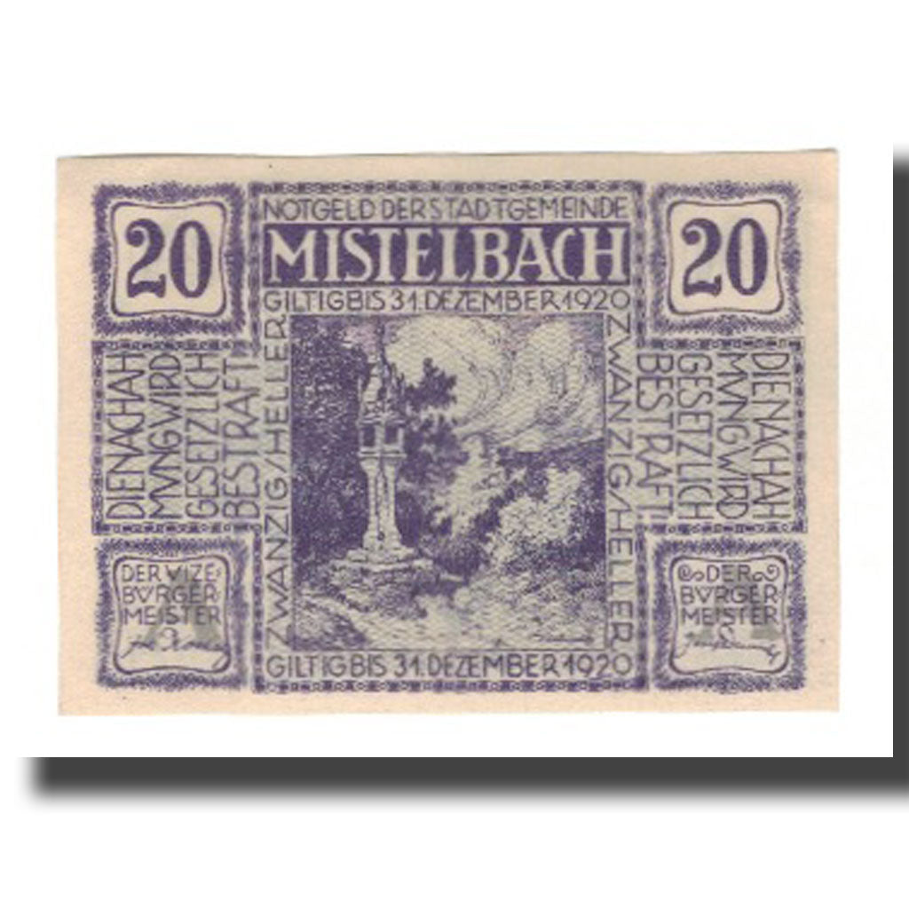 Banconote, Austria, Mistelbach N.Ö. Stadtgemeinde, 20 Heller, paysage, 1920