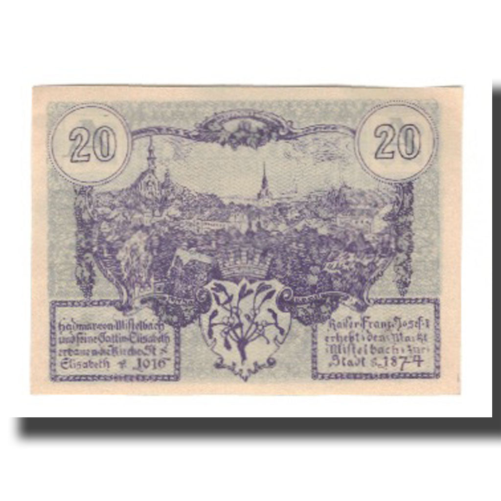 Banconote, Austria, Mistelbach N.Ö. Stadtgemeinde, 20 Heller, paysage, 1920