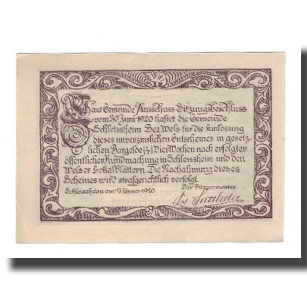 Banconote, Austria, Schleissheim O.Ö. Gemeinde, 10 Heller, Texte, 1920
