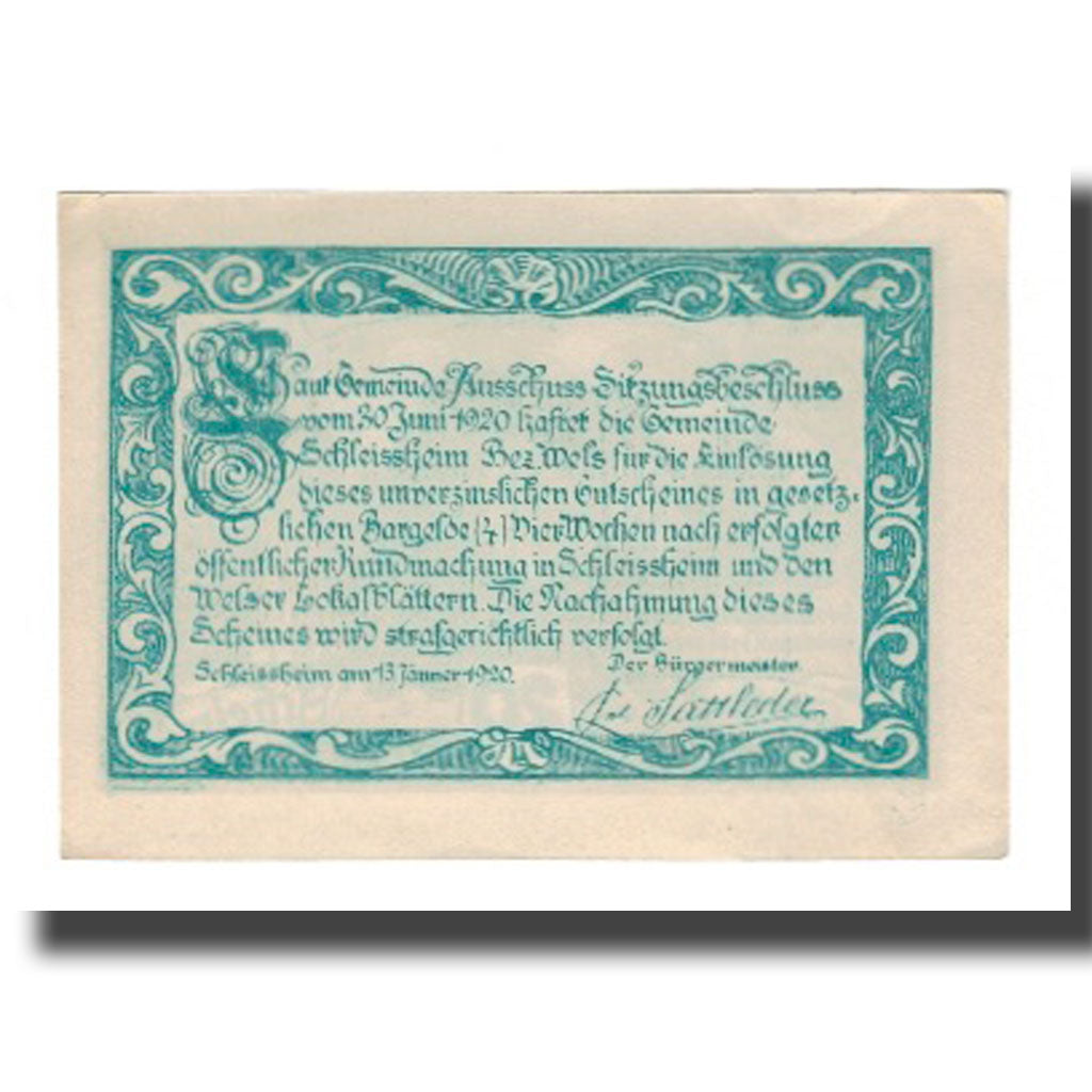 Banknot, Austria, Schleissheim O.Ö. Gemeinde, 20 Heller, texte 1, 1920