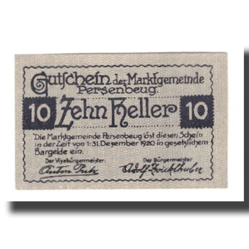 Banconote, Austria, Persenbeug N.Ö. Marktgemeinde, 10 Heller, Sceau, 1920