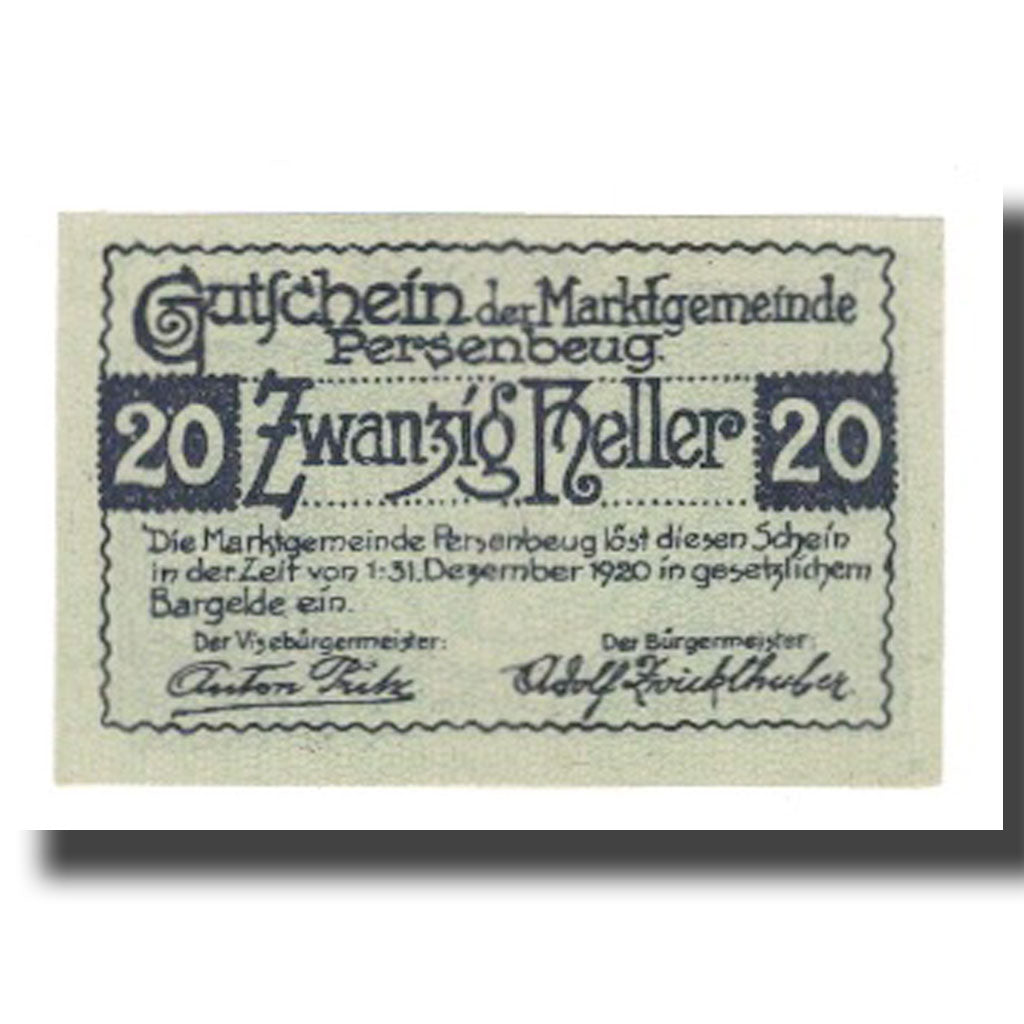 Banconote, Austria, Persenbeug N.Ö. Marktgemeinde, 20 Heller, Sceau 1, 1920