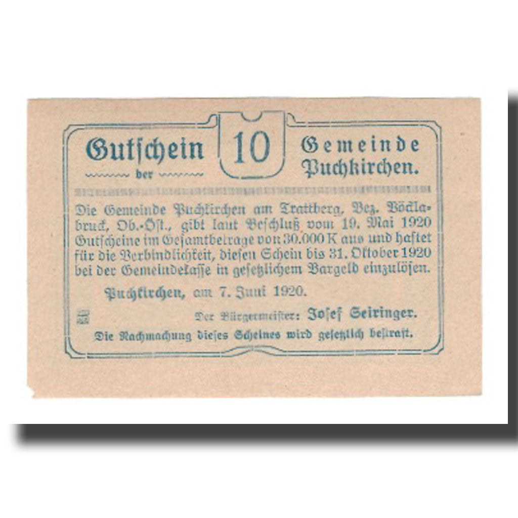 Banknot, Austria, Puchkirchen am Trattberg O.Ö. Gemeinde, 10 Heller, Texte