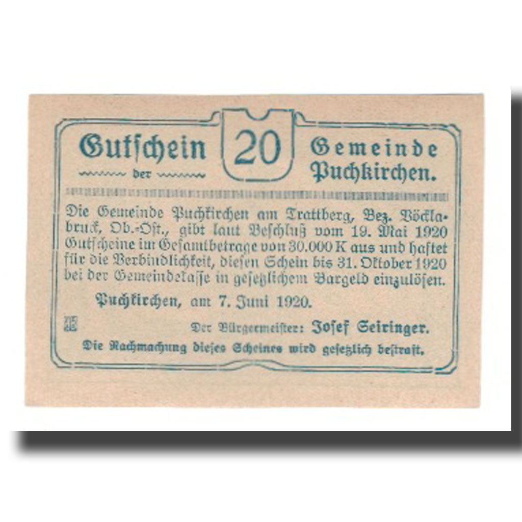 Banconote, Austria, Puchkirchen am Trattberg O.Ö. Gemeinde, 20 Heller, texte 1