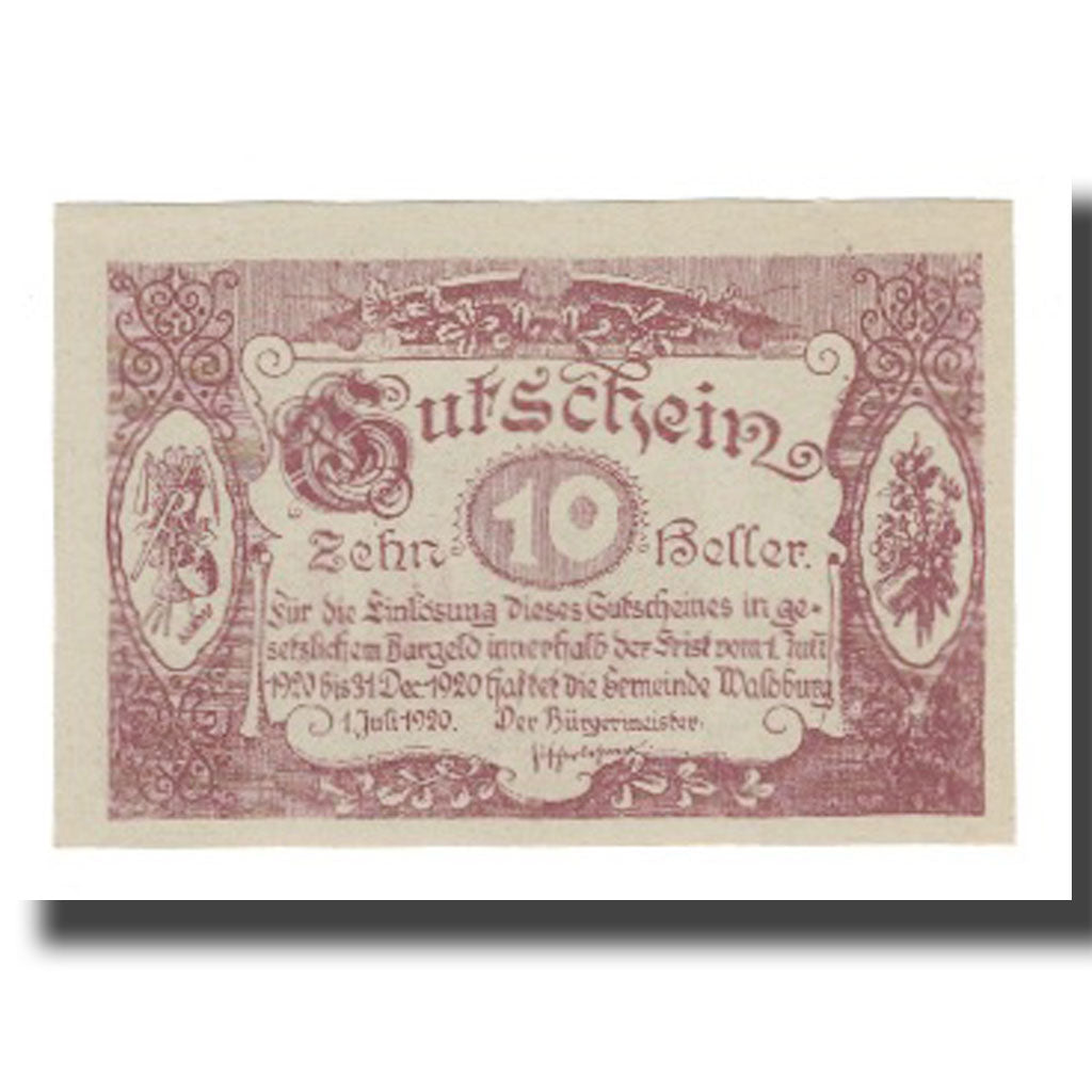 Banconote, Austria, Waldburg O.Ö. Gemeinde, 10 Heller, paysage, 1920