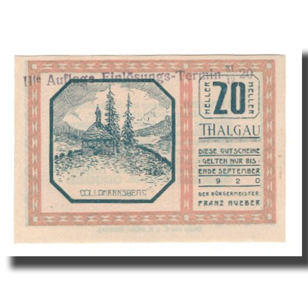 Banknot, Austria, Thalgau Sbg. Gemeinde, 20 Heller, Texte, 1920, 1920-09-30