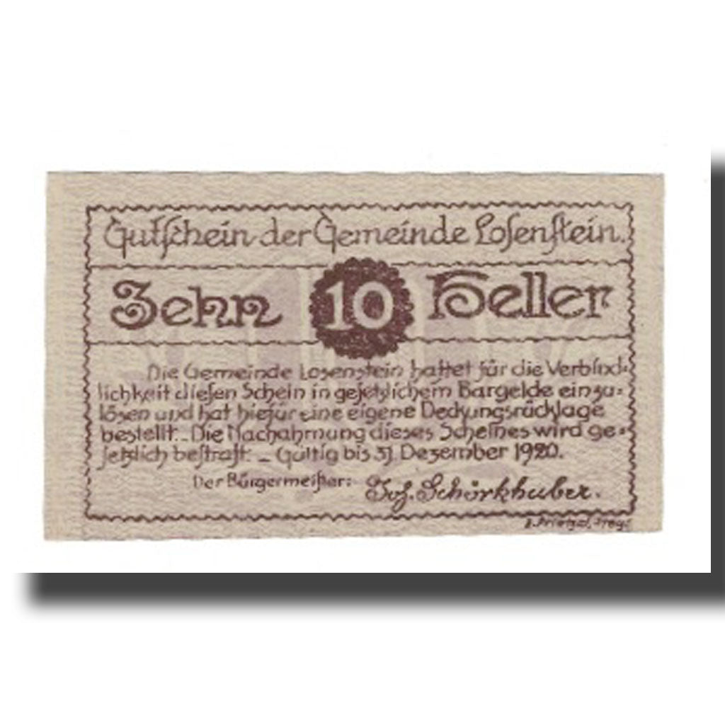 Banconote, Austria, Losenstein O.Ö. Gemeinde, 10 Heller, Maison, 1920