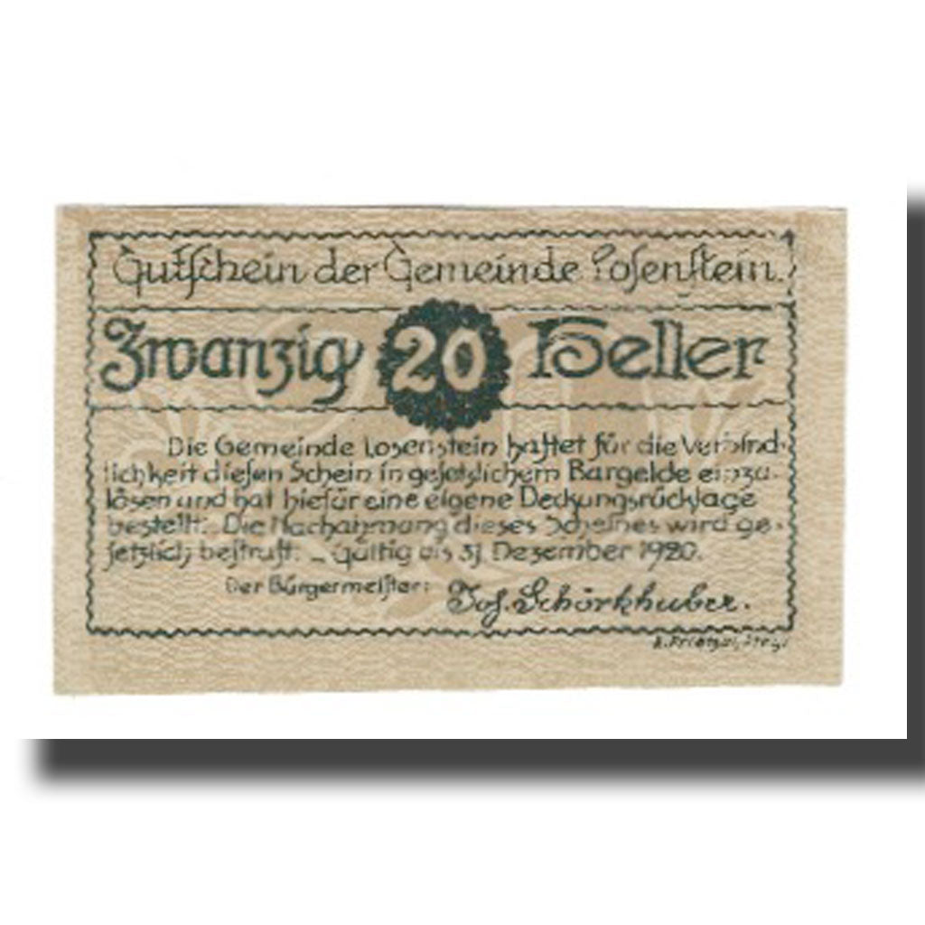 Banknot, Austria, Losenstein O.Ö. Gemeinde, 20 Heller, maison 1, 1920
