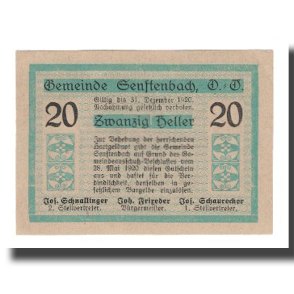 Banknot, Austria, Senftenbach O.Ö. Gemeinde, 20 Heller, texte 1, 1920