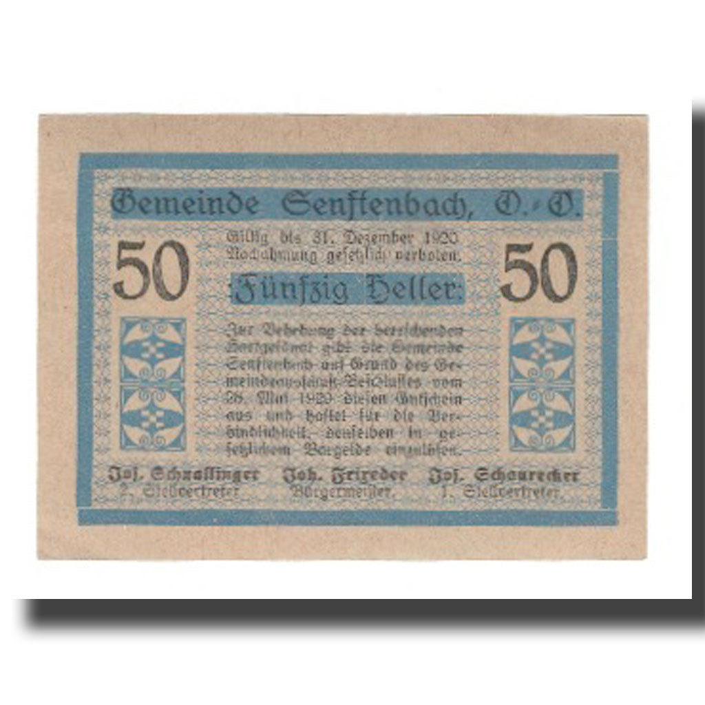 Banknot, Austria, Senftenbach O.Ö. Gemeinde, 50 Heller, Texte 2, 1920