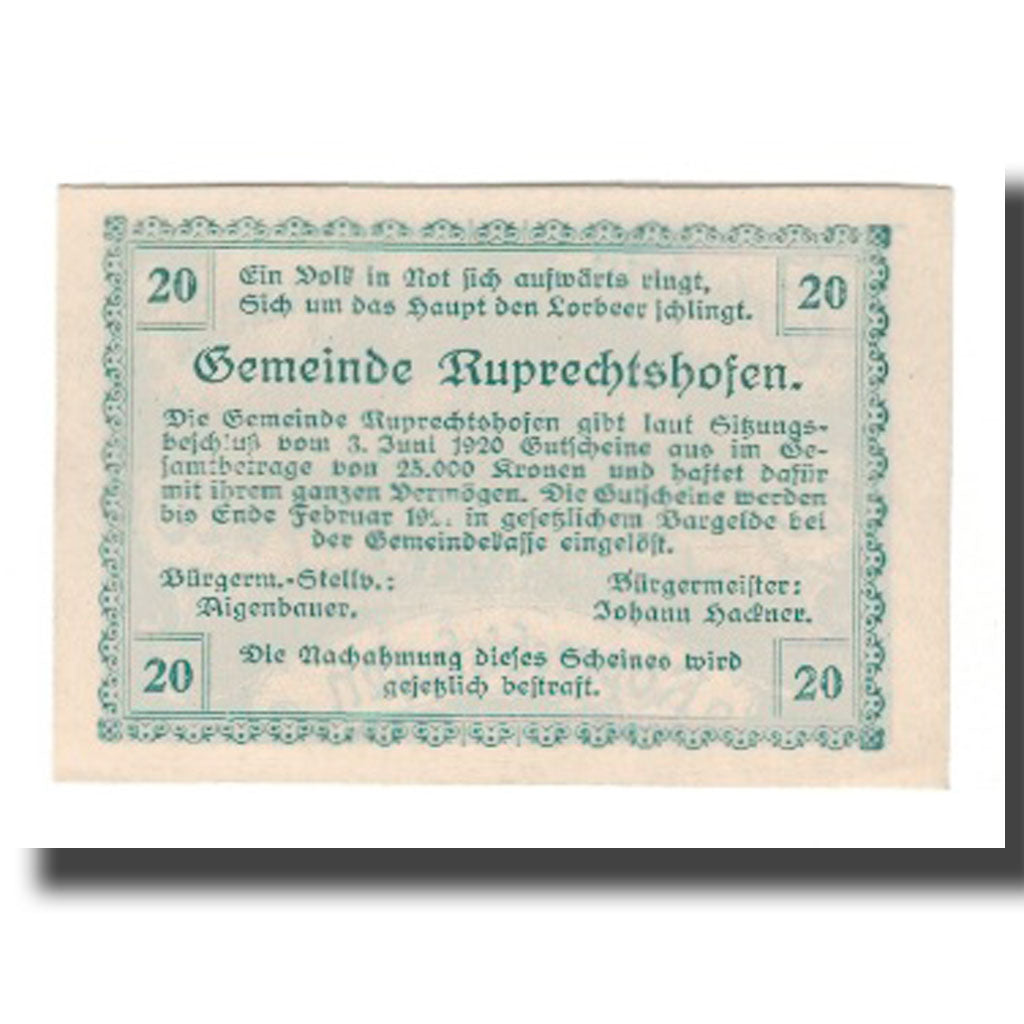 Banconote, Austria, Ruprechtshofen, 20 Heller, Texte, 1921, SPL-, Mehl:FS 855
