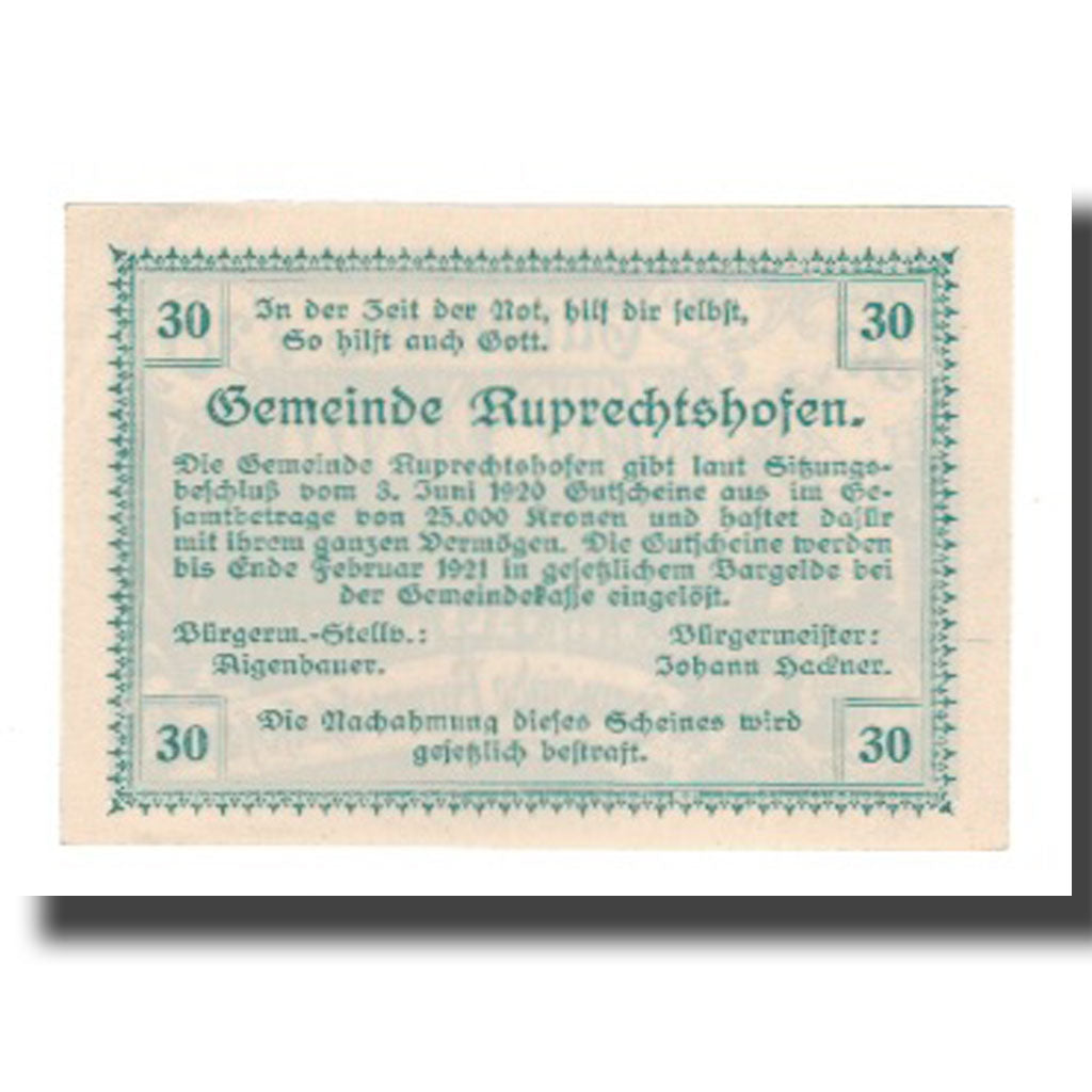 Banknot, Austria, Ruprechtshofen, 30 Heller, texte 1, 1921, Undated, AU(55-58)