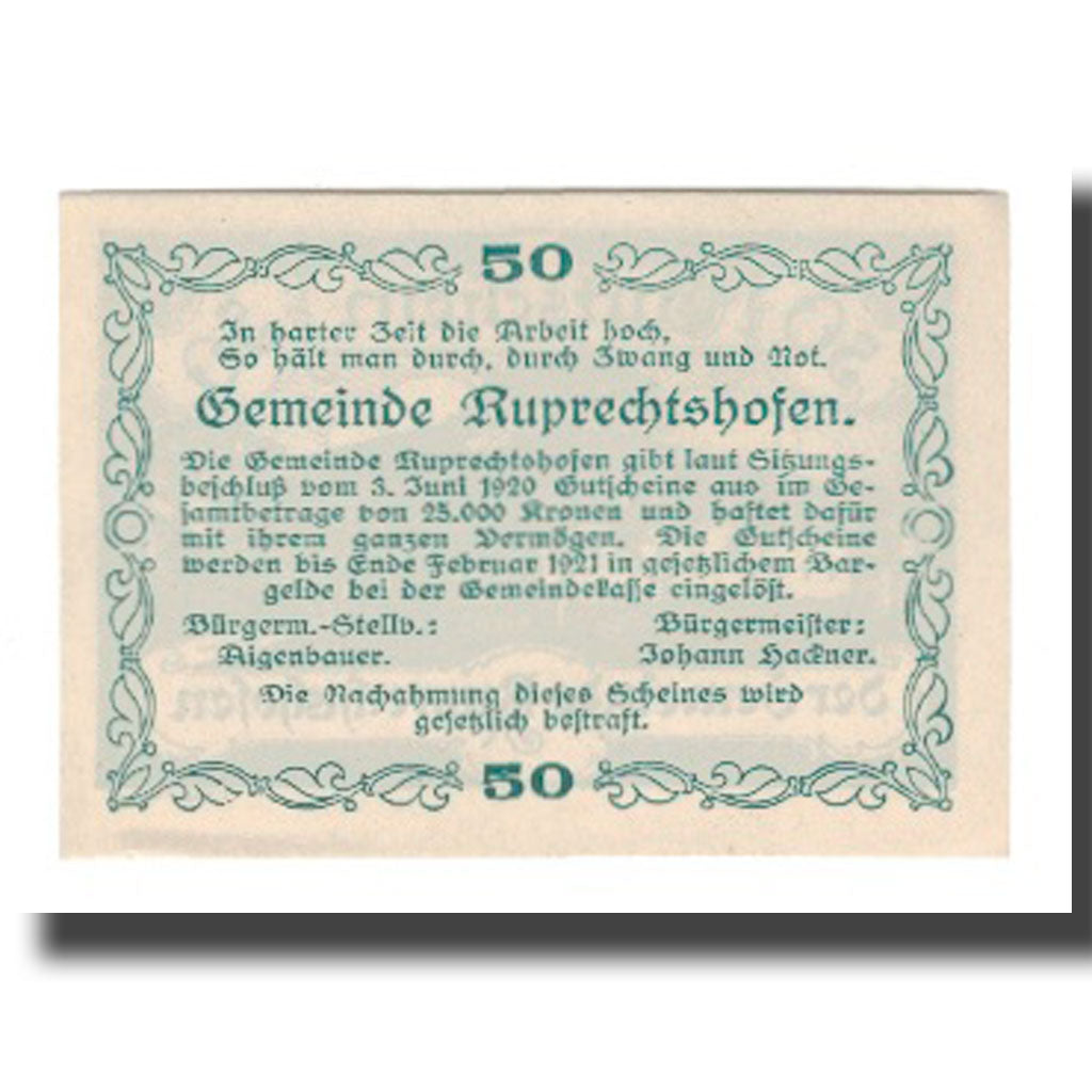 Banknot, Austria, Ruprechtshofen, 50 Heller, Texte 2, 1921, Undated, AU(55-58)