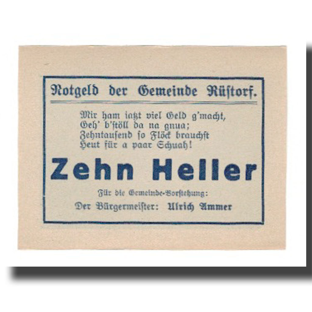 Banconote, Austria, Rüstorf O.Ö. Gemeinde, 10 Heller, Texte, 1920, 1920-12-31