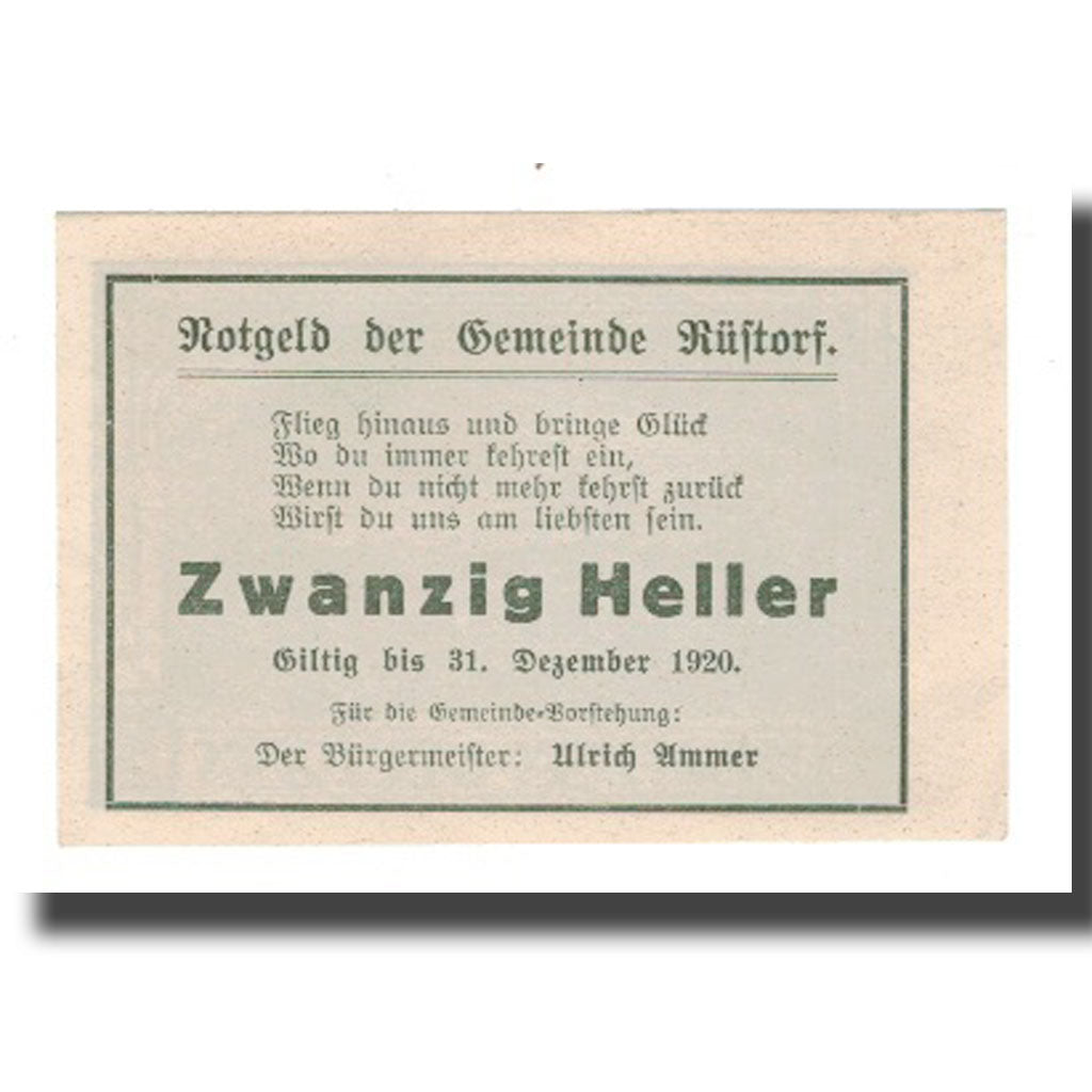Banknot, Austria, Rüstorf O.Ö. Gemeinde, 20 Heller, texte 1, 1920, 1920-12-31
