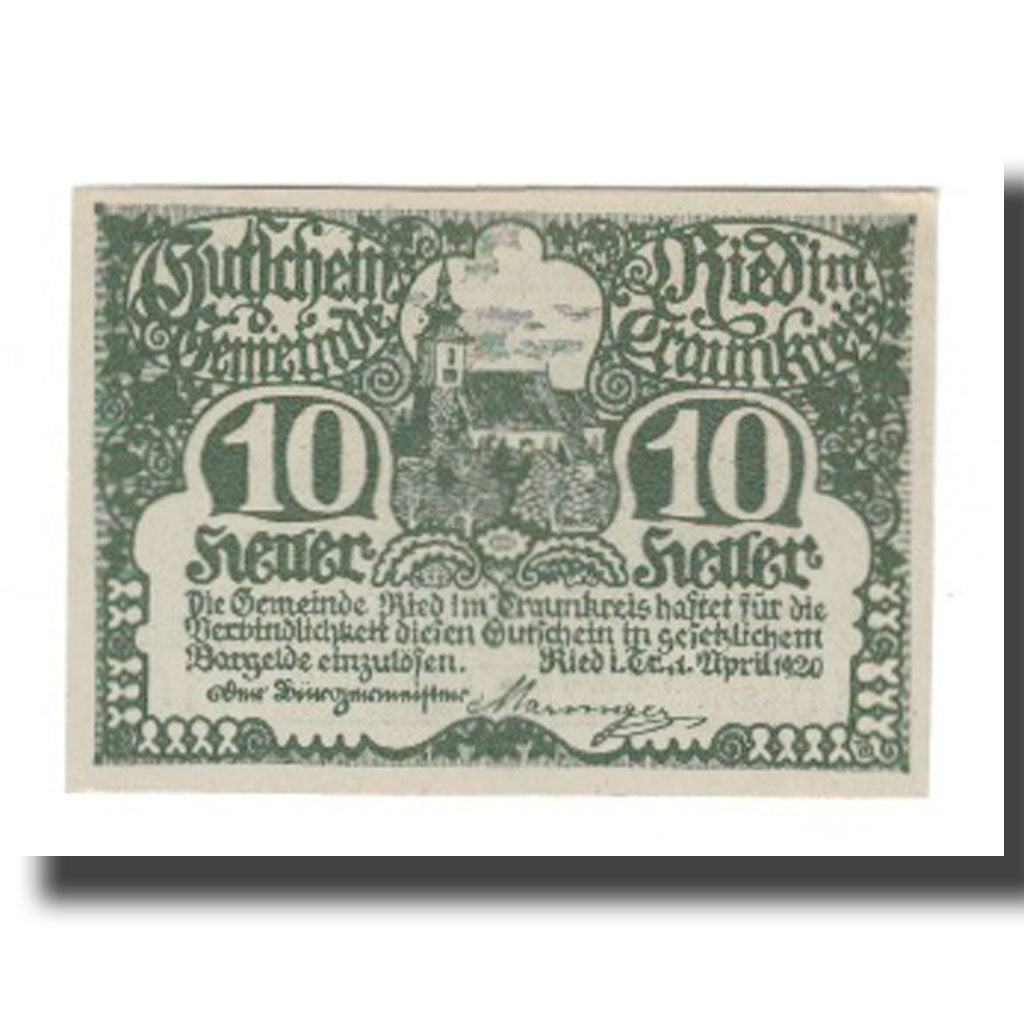 Banknot, Austria, Ried im Traunkreis O.Ö. Gemeinde, 10 Heller, Texte, 1920