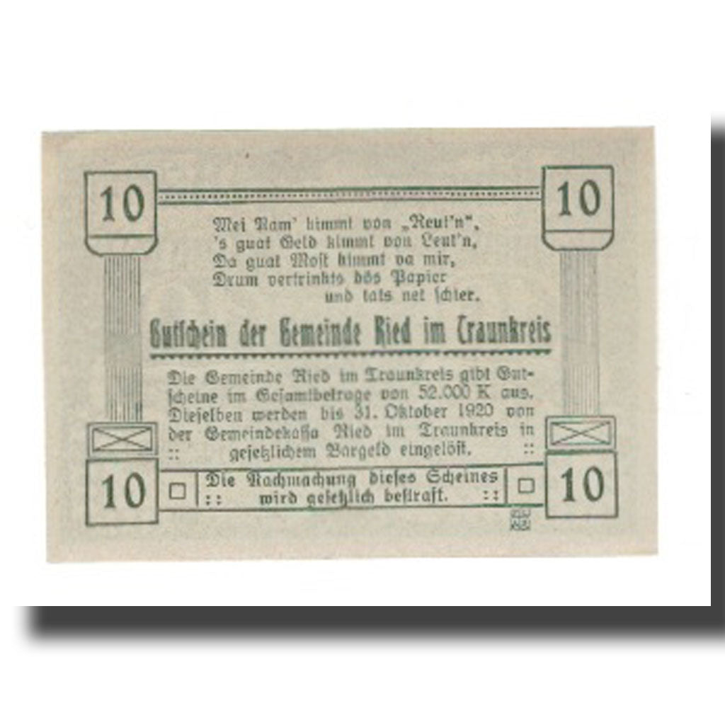 Banknot, Austria, Ried im Traunkreis O.Ö. Gemeinde, 10 Heller, Texte, 1920