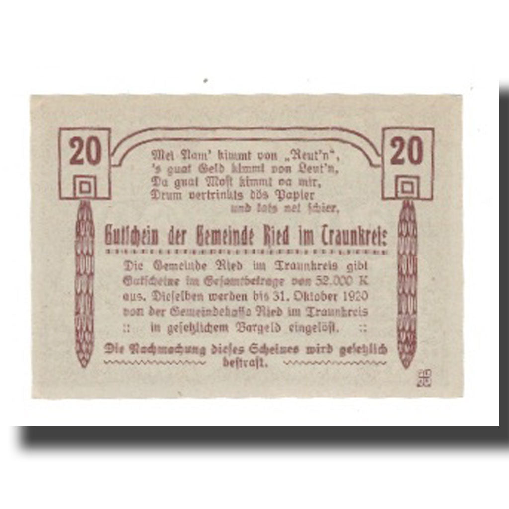 Banknot, Austria, Ried im Traunkreis O.Ö. Gemeinde, 20 Heller, texte 1, 1920