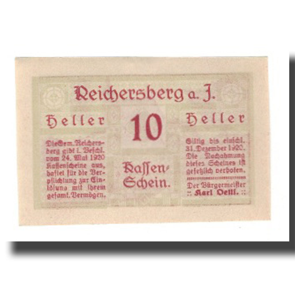 Banknot, Austria, Reichersberg O.Ö. Gemeinde, 10 Heller, village, 1920
