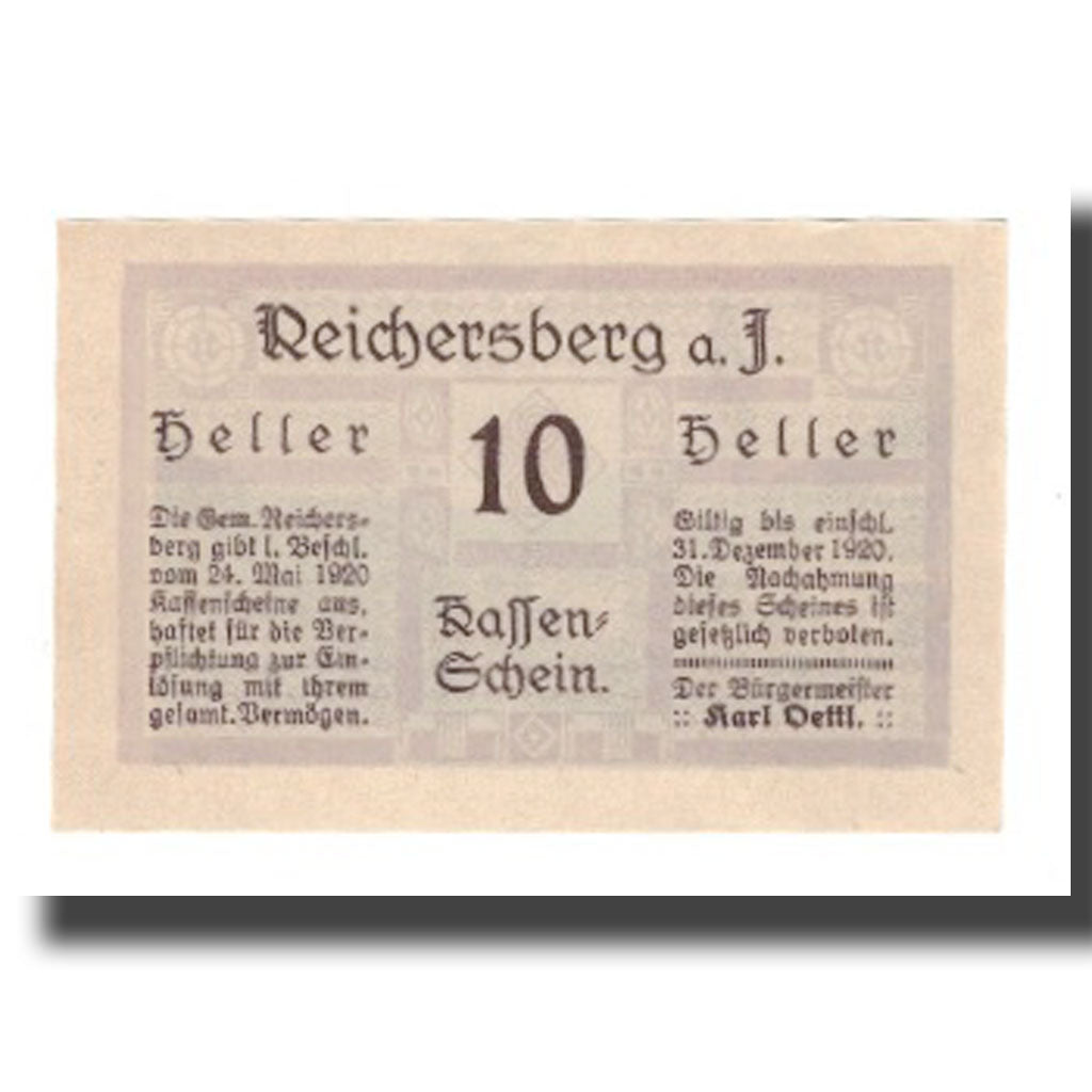 Banconote, Austria, Reichersberg O.Ö. Gemeinde, 10 Heller, place, 1920