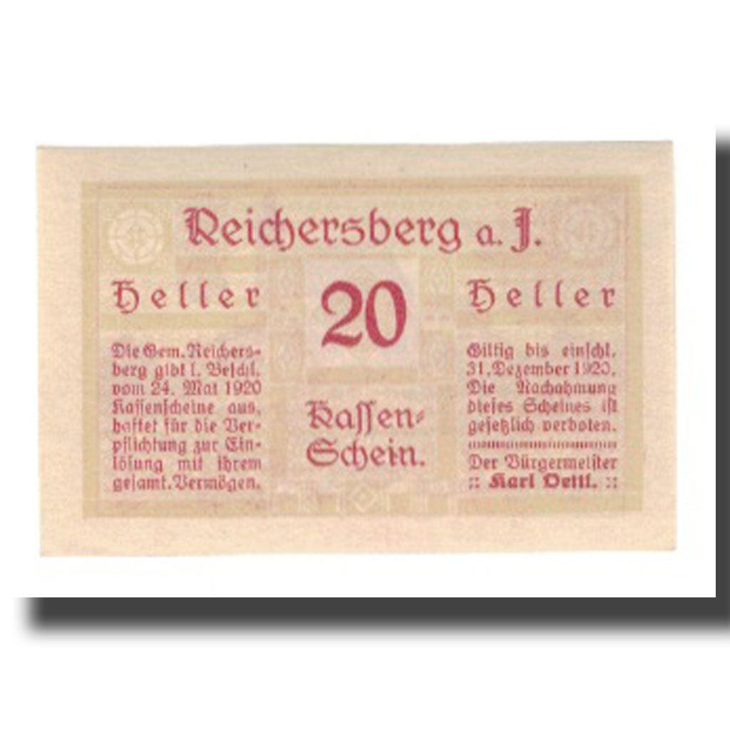Banknot, Austria, Reichersberg O.Ö. Gemeinde, 20 Heller, village 1, 1920