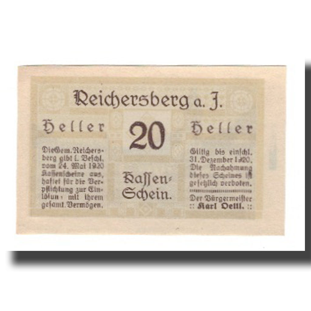 Banknot, Austria, Reichersberg O.Ö. Gemeinde, 20 Heller, place 1, 1920