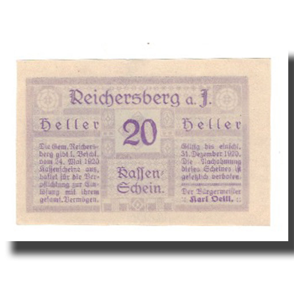 Banknot, Austria, Reichersberg O.Ö. Gemeinde, 20 Heller, paysage, 1920