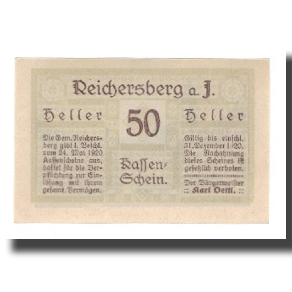 Banconote, Austria, Reichersberg O.Ö. Gemeinde, 50 Heller, Place 2, 1920